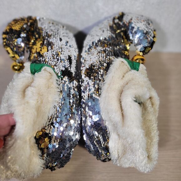 Dan Dee ELF Slippers Fuzzy Gold Silver 2018 Christmas Sequin Men Women L/XL 9-11 - Picture 6 of 14